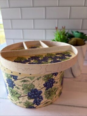Cream and Blue Grape Decorative Storage Box with Divided Lid